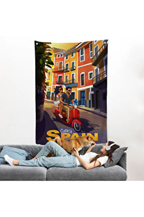 İspanya Cvenca Sokaklarında Motorlu Aşıklar Duvar Örtüsü-7726