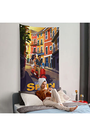 İspanya Cvenca Sokaklarında Motorlu Aşıklar Duvar Örtüsü-7726