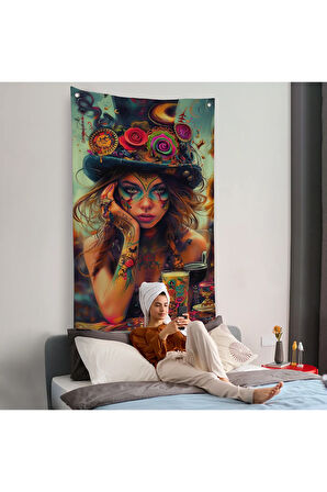 Sürreal Dövmeli Hippi Kadın Duvar Örtüsü-7727