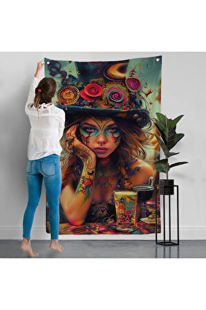 Sürreal Dövmeli Hippi Kadın Duvar Örtüsü-7727