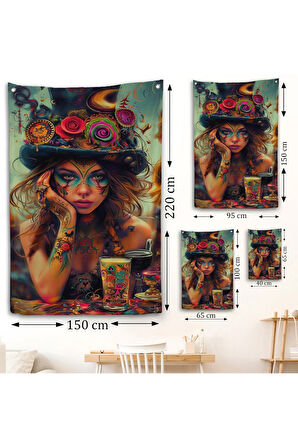 Sürreal Dövmeli Hippi Kadın Duvar Örtüsü-7727