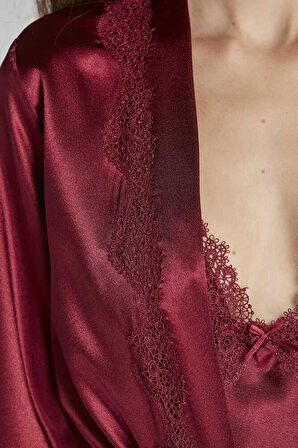 Pierre Cardin 6965 Altılı Saten Gecelik Sabahlık Takımı Bordo