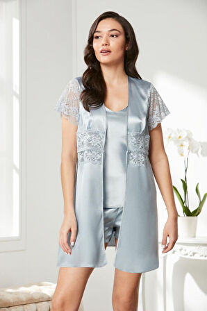 Pierre Cardin Mist Saten Dantelli 3'lü Kadın Sabahlık-Şort Takım 2480