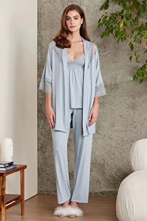Pierre Cardin 2820 Kadın Mist Dantelli Penye 3'lü Sabahlıklı Pijama Takım
