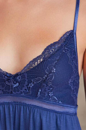 Pierre Cardin Penye Dantelli Gecelik Sabahlık Takım 4010 Lacivert
