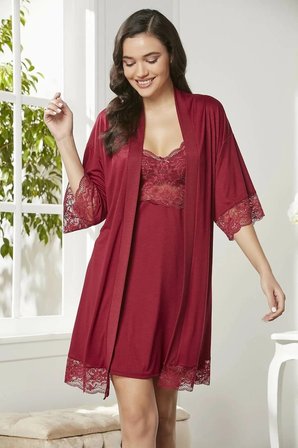 Pierre Cardin Penye Dantelli Gecelik Sabahlık Takım 4020 Bordo