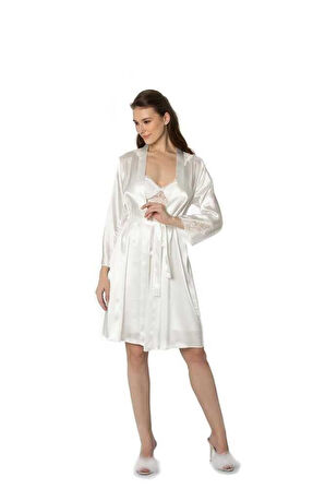 Pierre Cardin Sütyen Kaplı Sabahlık Gecelik Set 4050 Ekru