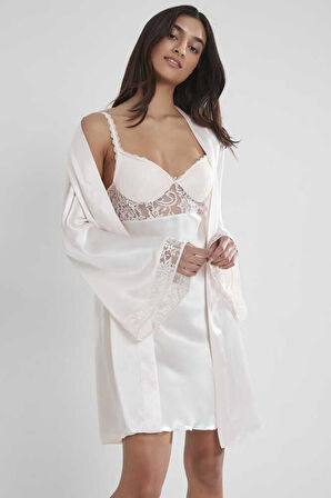 Pierre Cardin Midi Dantel Sabahlık Gecelik Set 4090 İnci