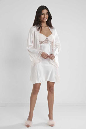 Pierre Cardin Midi Dantel Sabahlık Gecelik Set 4090 İnci