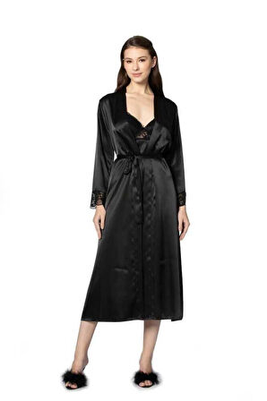 Pierre Cardin Siyah Uzun Saten Sabahlık Gecelik Set 4370