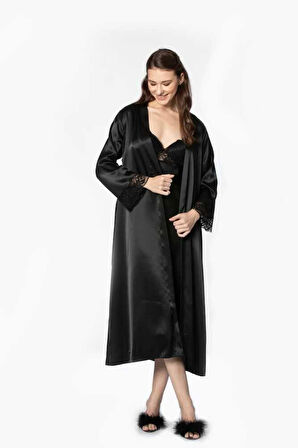 Pierre Cardin Siyah Uzun Saten Sabahlık Gecelik Set 4370