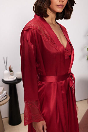 Pierre Cardin Kırmızı Saten Dantelli Kadın Gecelik Sabahlık Takımı 4510 