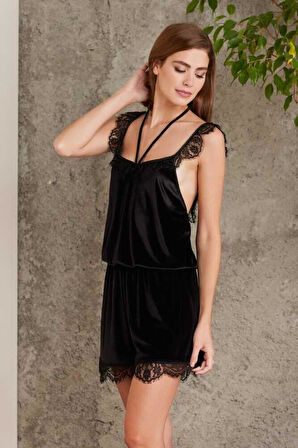 Pierre Cardin Dantelli Kadife Tulum Sabahlık Takım 4800 Siyah