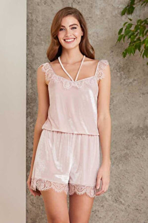 Pierre Cardin Dantelli Kadife Tulum Sabahlık Takım 4800 Pudra