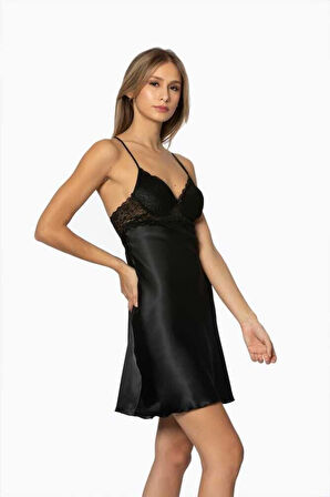 Pierre Cardin Siyah Saten Güpürlü Kaplı Gecelik 600