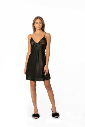 Pierre Cardin Siyah Saten Güpürlü Gecelik 624