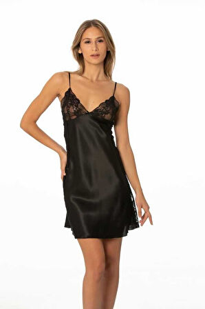 Pierre Cardin Siyah Saten Güpürlü Gecelik 624