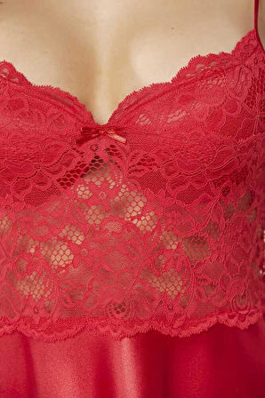 Pierre Cardin Saten Dantelli Gecelik 627 Kırmızı