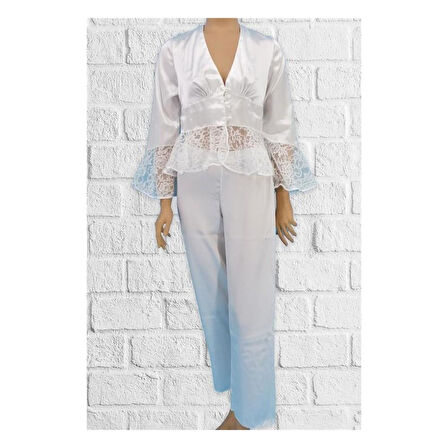Pierre Cardin 1100 Ekru Saten Uzun Kollu Kadın Pijama Takımı