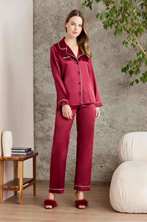 Pierre Cardin Saten Pijama Takımı 1200 Bordo
