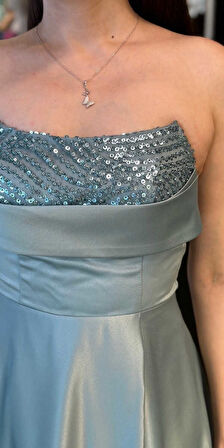 Mint Taş Detaylı Sırt Dekolteli Yırtmaçlı Kloş Etekli Saten Uzun Abiye Elbise 7733