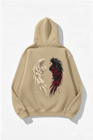 Unisex Yumuşak Dokulu Güllü Kanat Baskılı Tasarım Oversize 3 İplik Hoodie Sweatshirt