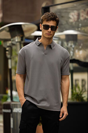 GLASSES V Yaka Oversize Fitilli T-Shirt - Gri