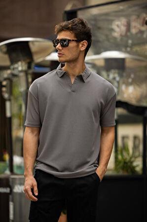 GLASSES V Yaka Oversize Fitilli T-Shirt - Gri