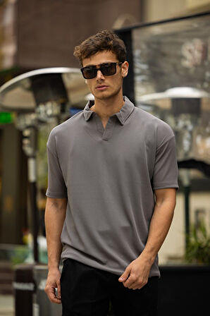 GLASSES V Yaka Oversize Fitilli T-Shirt - Gri