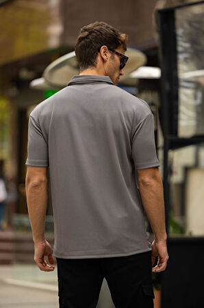 GLASSES V Yaka Oversize Fitilli T-Shirt - Gri