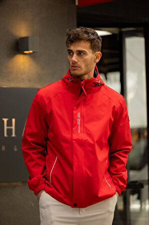 YEAST İçi Astarlı Suya Dayanıklı Kapşonlu Fermuarlı Yağmurluk - Kırmızı