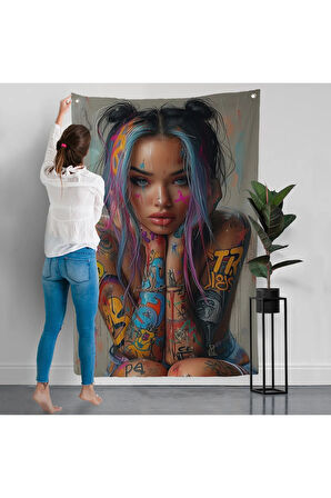 Sürreal Dövmeli Hippi Kadın Duvar Örtüsü-7733