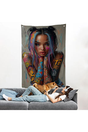 Sürreal Dövmeli Hippi Kadın Duvar Örtüsü-7733