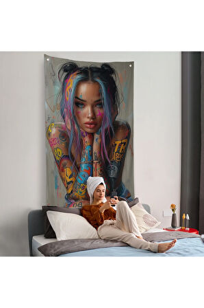 Sürreal Dövmeli Hippi Kadın Duvar Örtüsü-7733