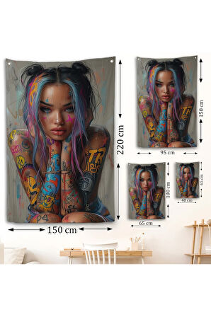 Sürreal Dövmeli Hippi Kadın Duvar Örtüsü-7733