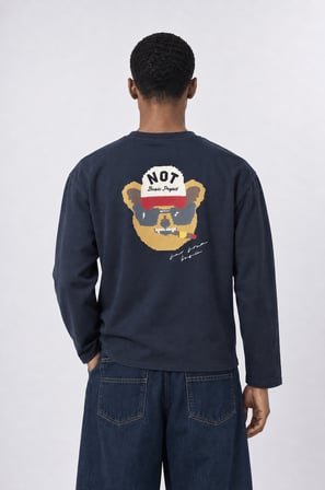 Erkek Teddy Baskılı Oversize Long Sleeve Lacivert