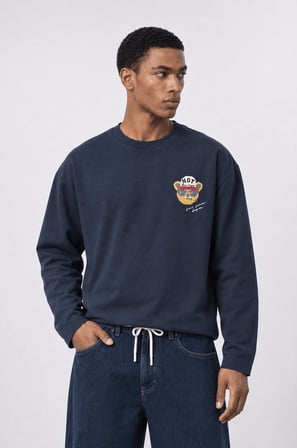 Erkek Teddy Baskılı Oversize Long Sleeve Lacivert
