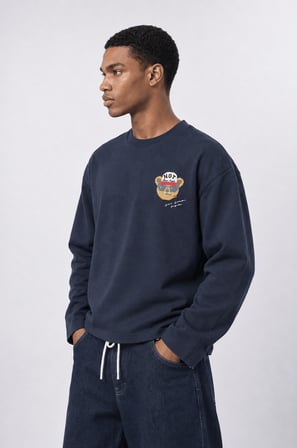 Erkek Teddy Baskılı Oversize Long Sleeve Lacivert