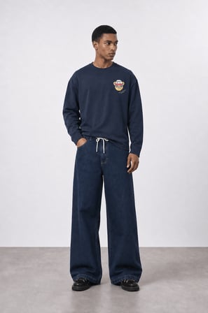 Erkek Teddy Baskılı Oversize Long Sleeve Lacivert