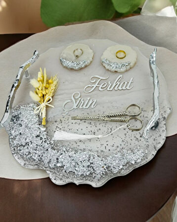  Enchant Gümüş Polyester Söz Tepsisi ve Damat Kahve Fincan Tepsisi 