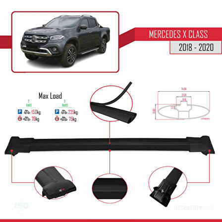 Mercedes X Class (470) 2018-2020 Arası ile Uyumlu FLY Model Ara Atkı Tavan Barı Siyah 2 Adet