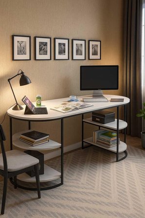 Reyo Falez Metal Ayaklı Raflı Çalışma Masası, Ofis Masası, Ders Masası Beyaz