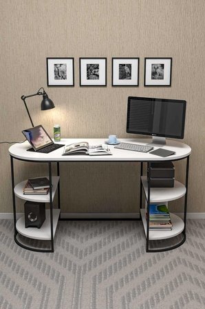 Reyo Falez Metal Ayaklı Raflı Çalışma Masası, Ofis Masası, Ders Masası Beyaz