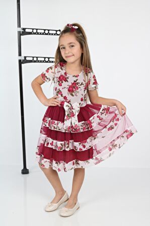 ÇocukyoluKids Çiçekli 3 Şeritli Şifon Elbise A1111111112003