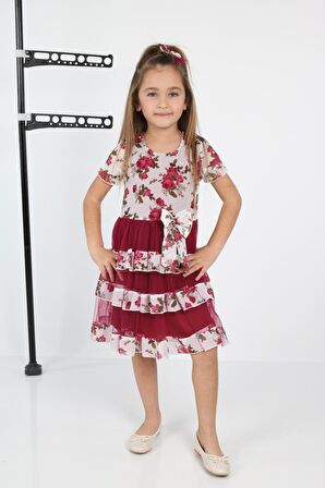 ÇocukyoluKids Çiçekli 3 Şeritli Şifon Elbise A1111111112003