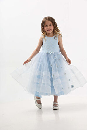 Prenses Mavi Kız Çocuk Abiye Elbise
