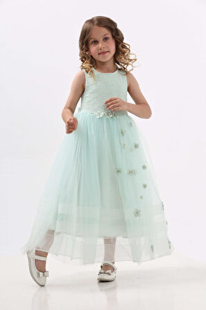 Prenses Su Yeşili Kız Çocuk Abiye Elbise