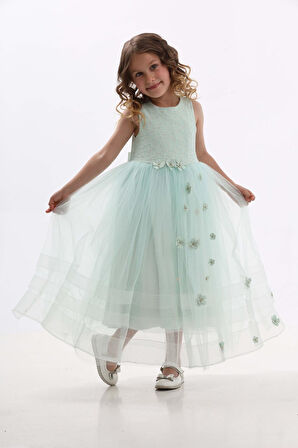 Prenses Su Yeşili Kız Çocuk Abiye Elbise