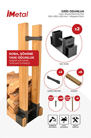 İmetal GRİD ODUNLUK Hazır Ahşap Odunluk Seti 950 x 950 x 320 mm - Ahşaplar Dahil