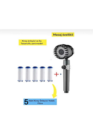 Su tasarruflu Masaj özellikli 3 fonksiyonlu yüksek basınçlı duş başlığı+5 adet yedek filtrel
